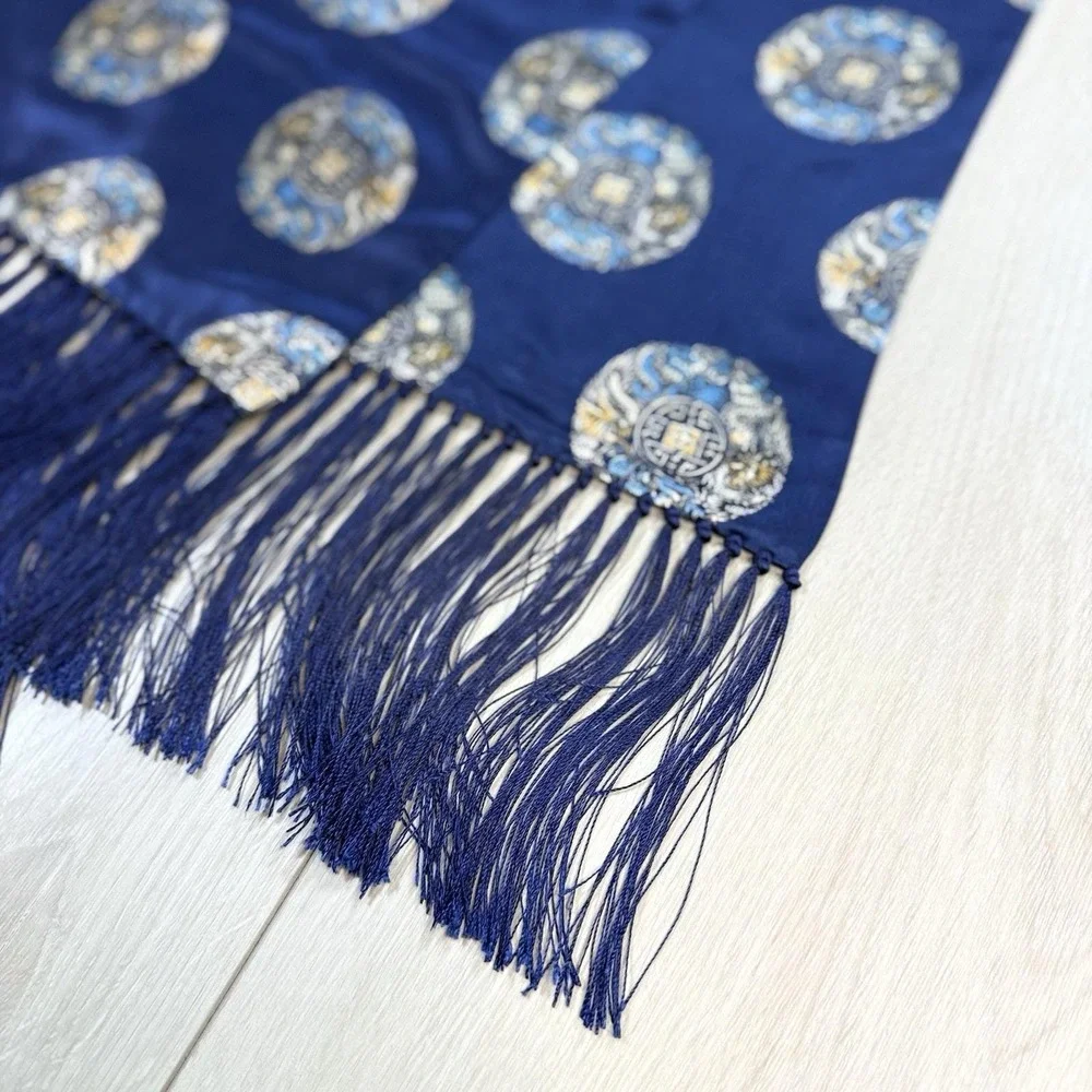 Vintage Blue Dragon‎ Silk Scarf Medallion Print Tassel Fringe Rectangular 49x11